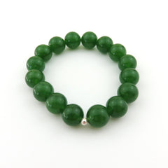 Genuine Green Jade Bracelet 12mm Round Beads Silver Accent Elastic Handmade Box