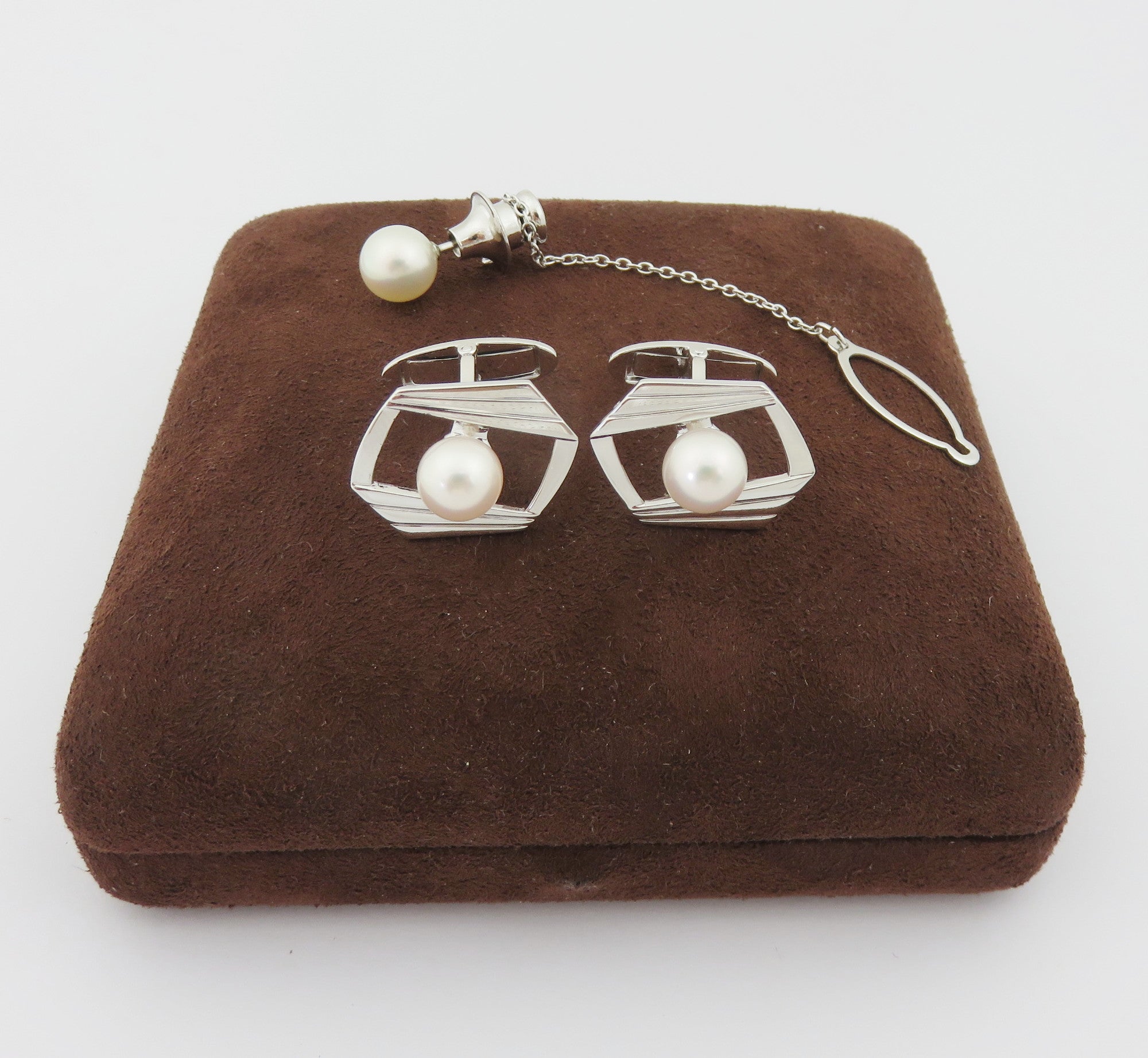 Mikimoto 925 Silver 7mm Akoya Pearl Geometric Cufflinks Tie Tack Set with Box