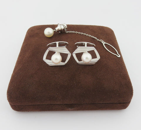 Mikimoto 925 Silver 7mm Akoya Pearl Geometric Cufflinks Tie Tack Set with Box