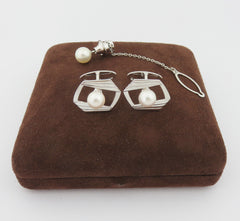 Mikimoto 925 Silver 7mm Akoya Pearl Geometric Cufflinks Tie Tack Set with Box