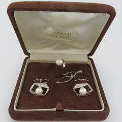 Mikimoto 925 Silver 7mm Akoya Pearl Geometric Cufflinks Tie Tack Set with Box