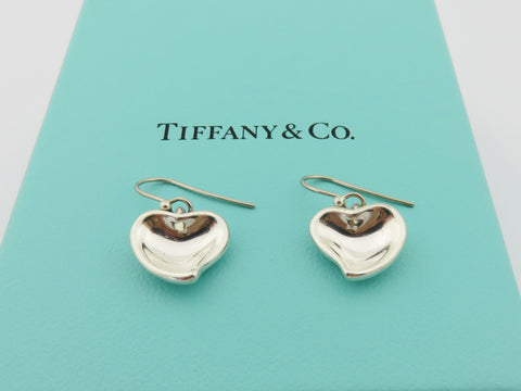 TIFFANY & CO 925 Sterling Silver Carved Heart Dangle Earrings with Box