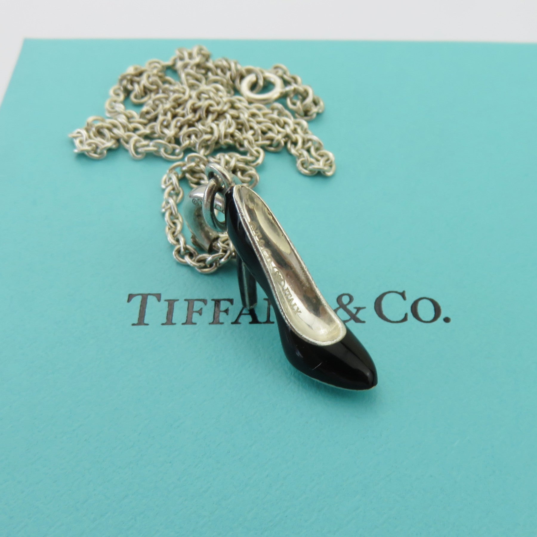 Tiffany & Co 925 Sterling Silver Black Blue Enamel High Heel Pendant Charm 