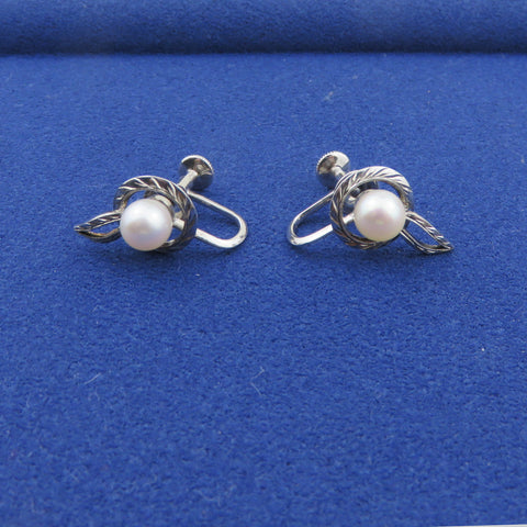 Mikimoto 925 Sterling Silver Leaf Akoya Pearl Screw On Earrings