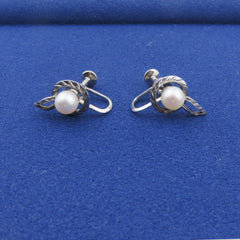 Mikimoto 925 Sterling Silver Leaf Akoya Pearl Screw On Earrings