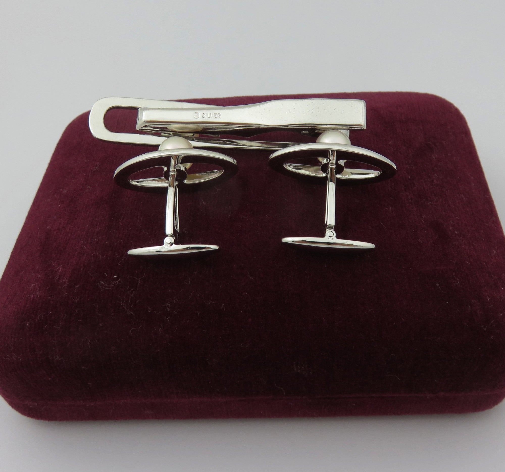 MIKIMOTO 925 Silver Akoya Pearl Oval Cufflinks & Tie Clip Bar Set with Box