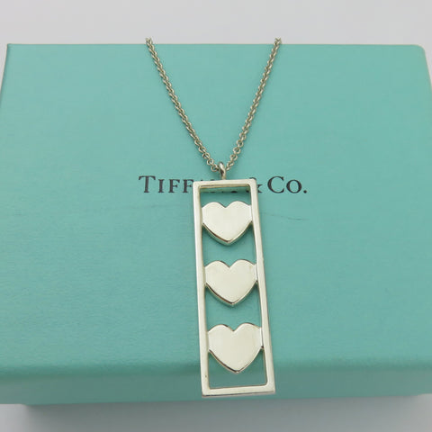 TIFFANY & CO 925 Sterling Silver Triple Heart Bar Pendant Necklace with Box