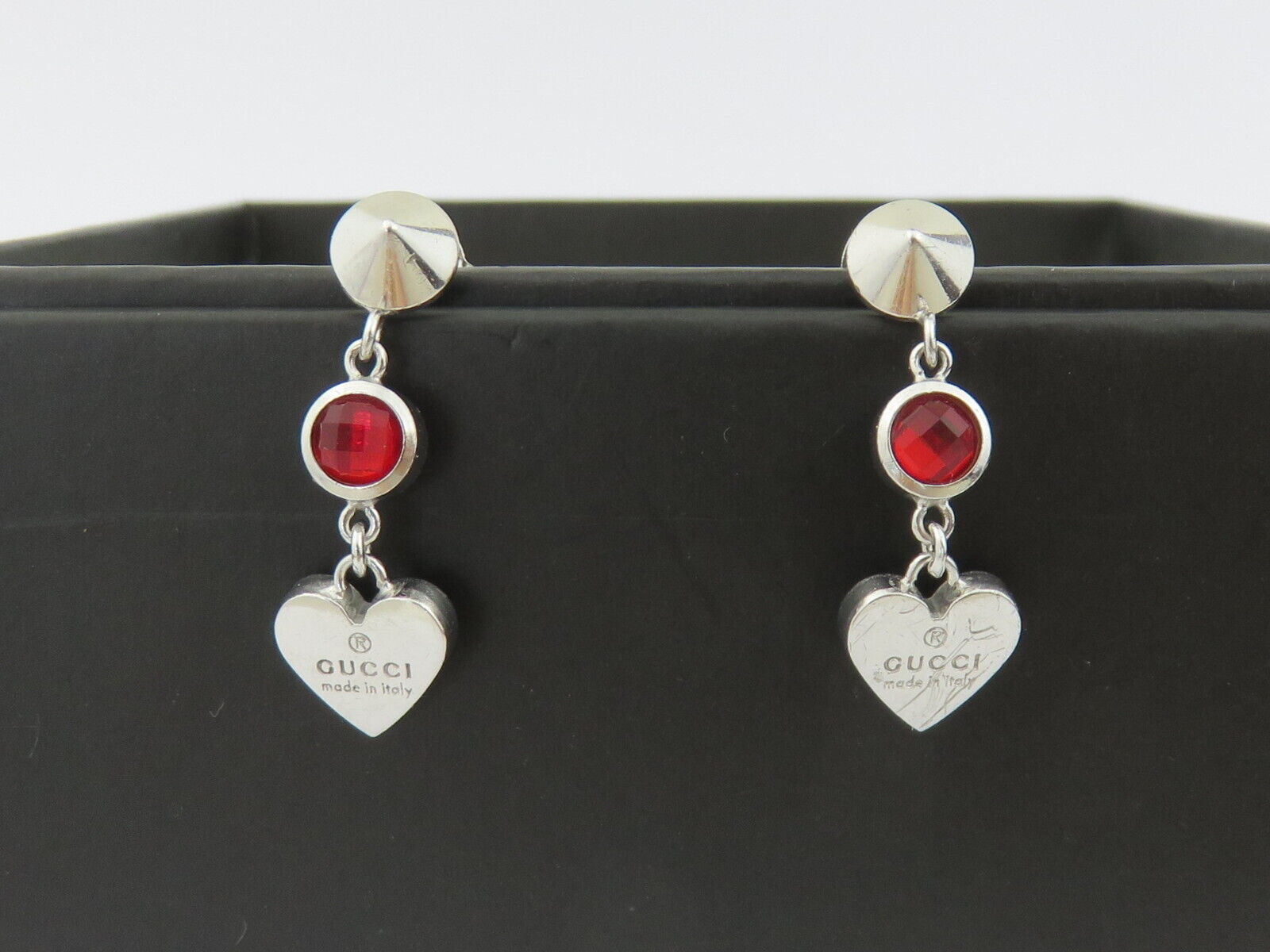 GUCCI Sterling Silver Heart Tag Red Stone Earrings