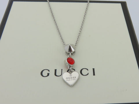 Gucci Sterling Silver Heart Tag Red Rhinestone Pendant Necklace