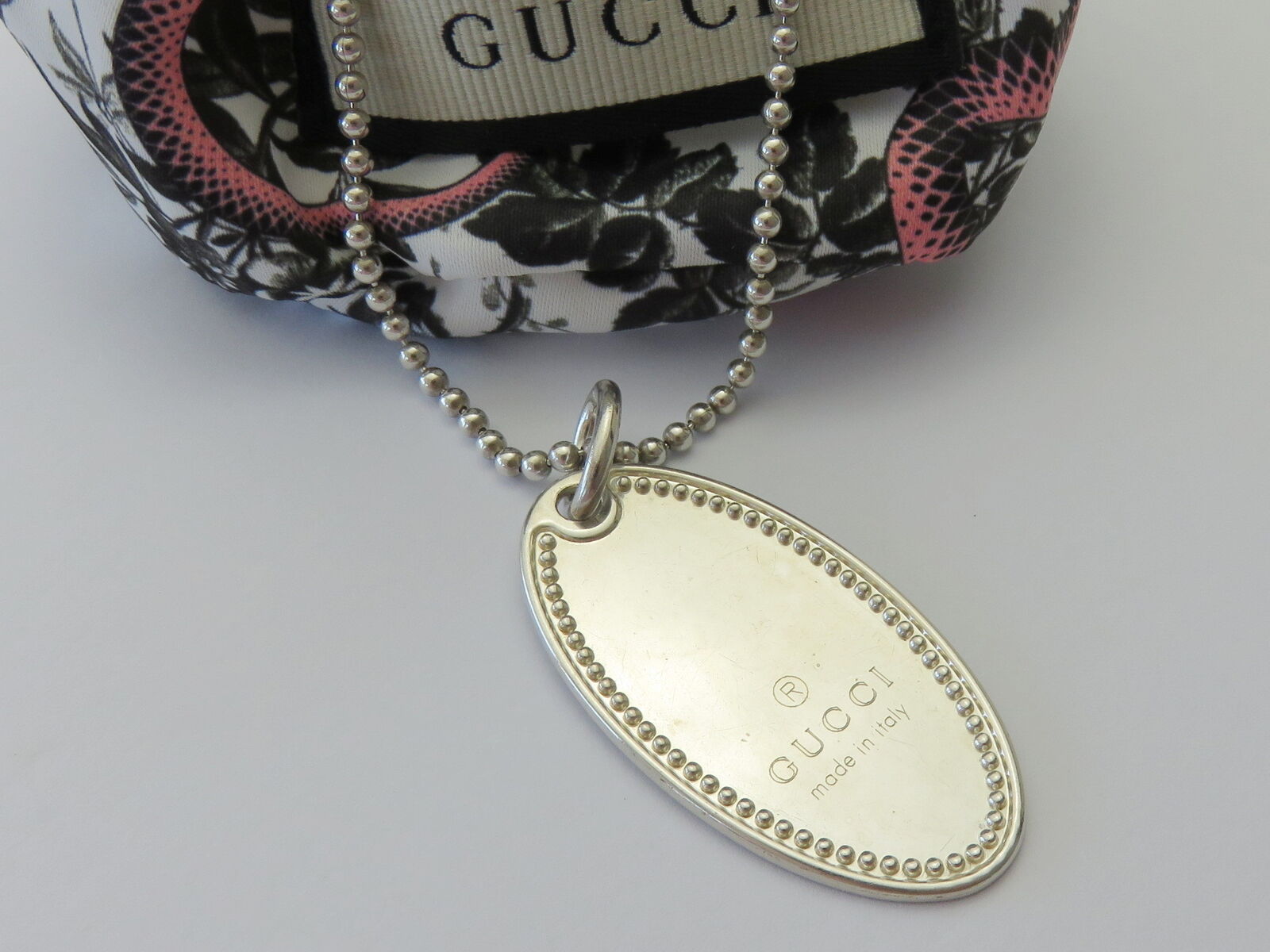 Gucci Sterling Silver Oval Tag Ball Chain Unisex Pendant Necklace