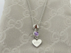 Gucci Sterling Silver Heart Tag Amethyst Birthstone Pendant Necklace